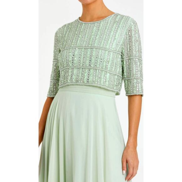 Mac Duggal  Green Chiffon Gown w/ Fully Beaded 3/4 Sleeves Size 16 - Picture 3 of 16